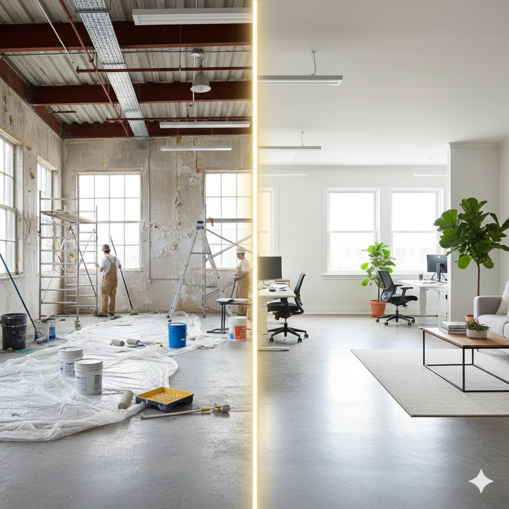 Before and after office space renovation showcasing a transformed, modern workspace.